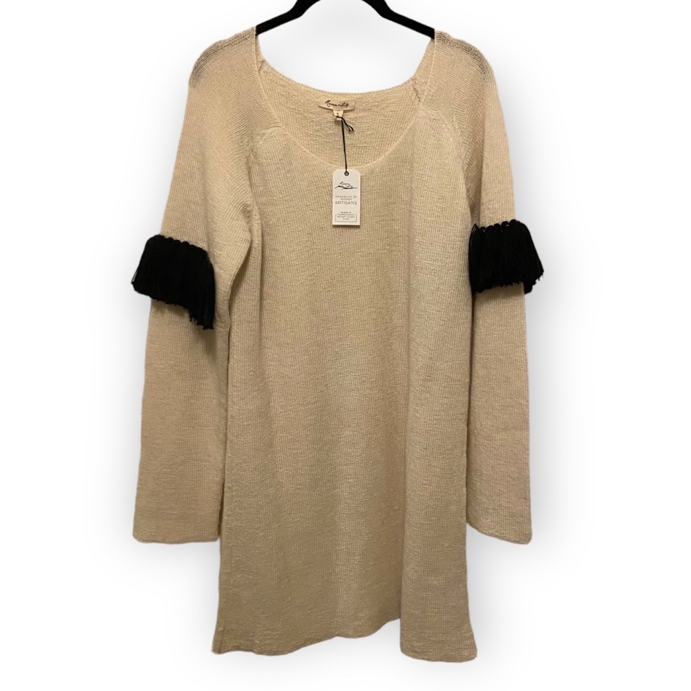 NWT Raven + Lily Cream Handmade Knit Fringe Sleeve Sweater Dress size Large